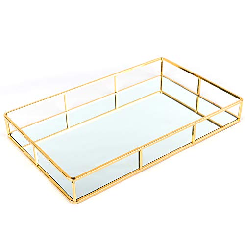 Houseables Mirrored Tray, Decorative Countertop Organizer, 16”x 9”x 2”, Gold, Ornate Vanity Décor