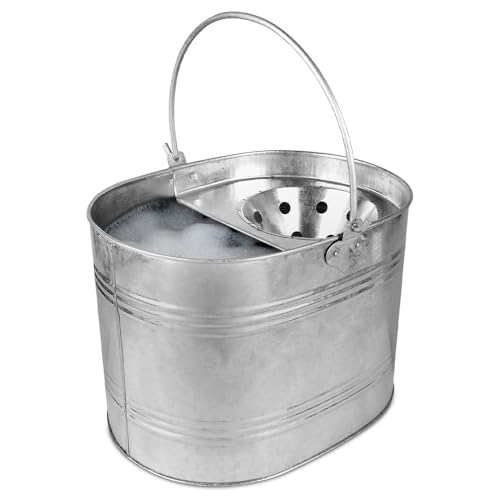 Galvanised Metal Mop Bucket With Wringer - 16L Heavy Duty Thick Metal Steel Bucket For Home, Office, General Cleaning
