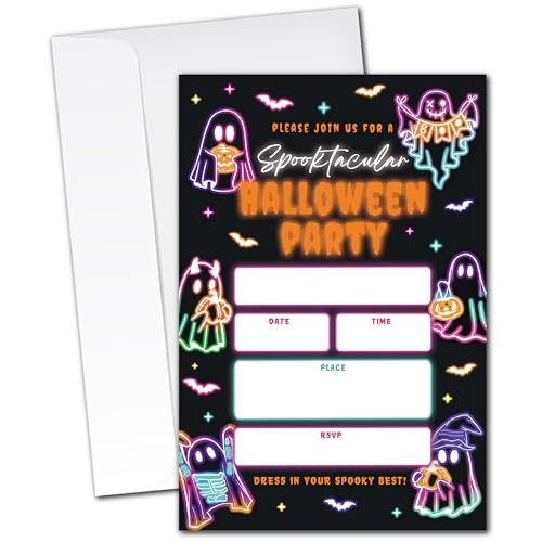 ZYQFN Spooktacular Halloween Party Invitations 20 Neon Glow Halloween Invitation Cards 4x6 with Envelopes Cute Ghost & Pumpkin Design Fun Costume Party Supplies.(119)