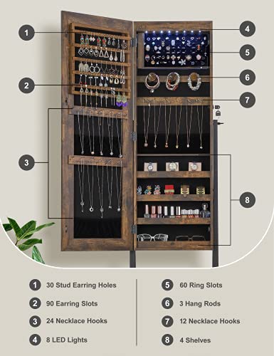 Nicetree 8 Leds Standing Jewelry Mirror Cabinet, Full Length Mirror And Jewelry Storage All In One, Superior Storage Capacity Jewelry Armoire Stand Up Mirror (Rustic Brown) #TOP1