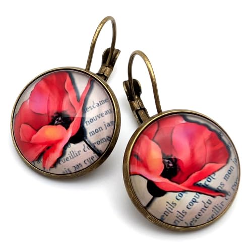 Boucles d’Oreilles Femme Pendantes Dormeuses – Cabochon Verre Coquelicots Rétro Carte Postale Ancienne – Bijou Vintage Romantique – Idée Cadeau Femme