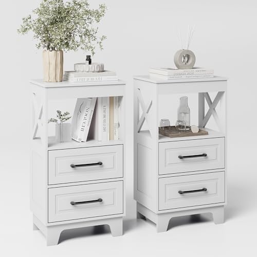 ZYKZYK Tall Nightstand Set of 2 Side Table with 2 Drawers Modern Night Stand Wooden End Table Bedside Table with Upper Open Shelf Solid Feet for Bedroom, White