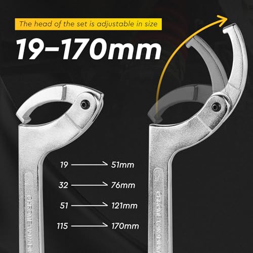 SWAWIS Ein 4er-Set Hakenschlüssel Verstellbar, C Schraubenschlüssel aus Chrome Vanadium, mit Handschuhe, für 19-170mm Nutmutternschlüssel für Stoßdämpfer Wasserzähler(Quadratischer Kopf)