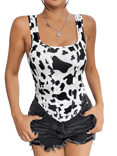 WDIRARA Women's Cow Print Square Neck Sleeveless Curved Hem Casual Summer Tank Top Black and White Medium