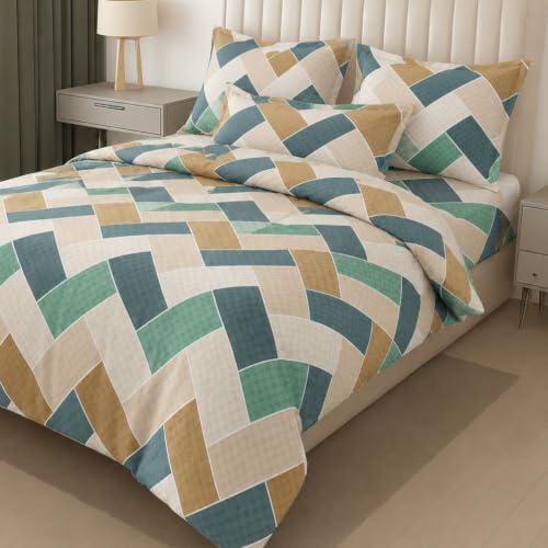 Image of DECOR2ADMIRE 300TC Premium Glace Cotton Printed Super King Size Double Bedsheet with Two Pillow Covers, 108 * 108 Inches or 9ft by 9ft or 275 cm x 275 cm (Calm Grids)