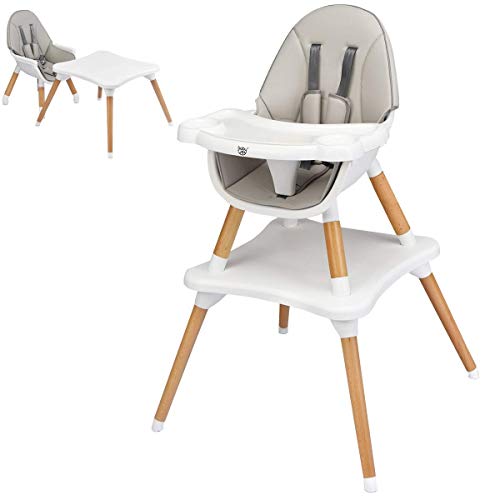 COSTWAY 4 in 1 Convertible High Chair, Multi-Functional Dining Highchair with Adjustable Legs, Detachable 4-Position Tray, 5-Point Seat Belt, Wooden Feeding Chair for Baby, Infants, Toddlers (Gray)
