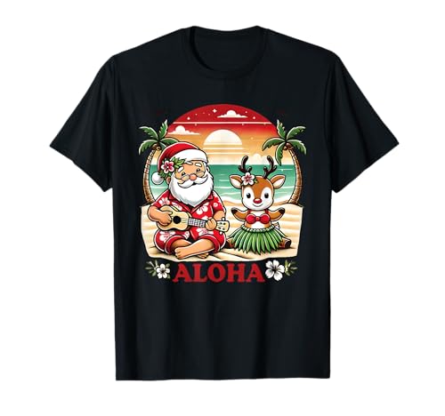 Hawaiian Christmas Mele Kalikimaka Santa Renna tropicale Maglietta