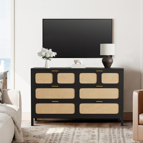 6 Drawer Dresser, Rattan Dresser for Bedroom with Metal Handles, Farmhouse Wood Storage Chest of Drawers for Bedroom, Living Room, Hallway, Entryway, Black