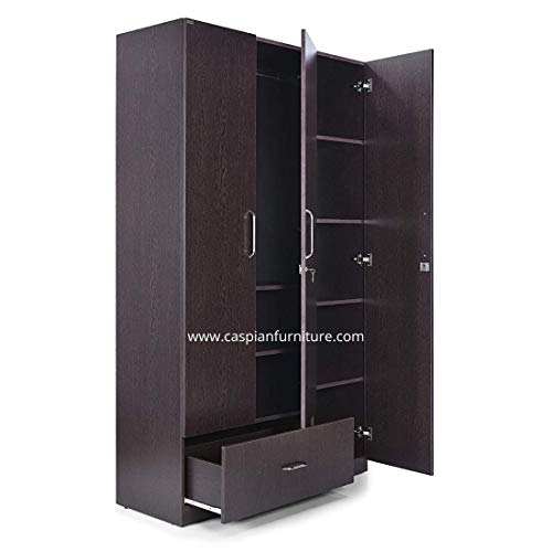 Image of CASPIAN Furniture 3 Door Wardobe with Hanging Space, Shelves and Drawer | 3 Door Wardrobe for Bedroom | 3 Door Wardrobe for Clothes | Wooden Wardrobe (Walnut Finish)