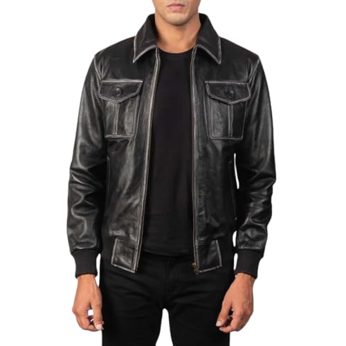 Premium Leather Bomber Jacket, Black, Classic Style with Front Pockets, Ribbed Cuffs, Zip Closure