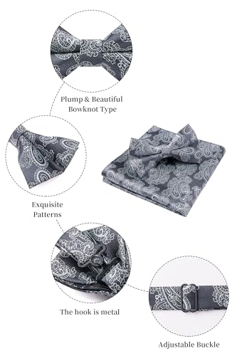 Image of HISDERN Bow Ties for Men Paisley Floral Pre-tied Bowtie Pocket Square Set Men's Formal Bow Ties Wedding Party