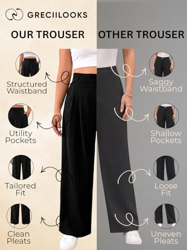 Image of GRECIILOOKS Trousers for Woman | Womens High Rise High Waist Flared Korean Style | Formal Pant for Women Office Wear| Track Pants for Womans Elegant for College & Events (Available in Plus Size)