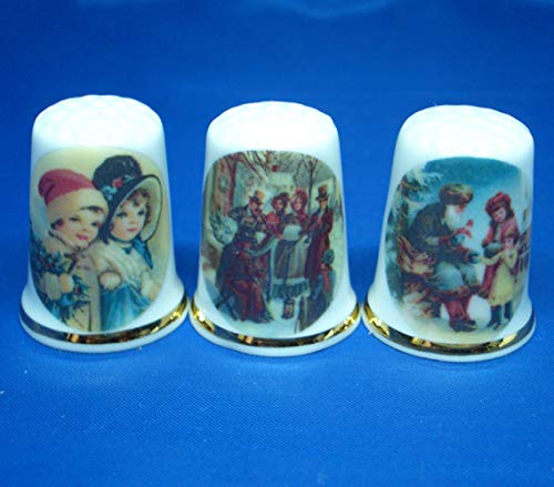 Birchcroft Porcelain China Collectable - Set of Three Thimbles - Old Fashioned Christmas
