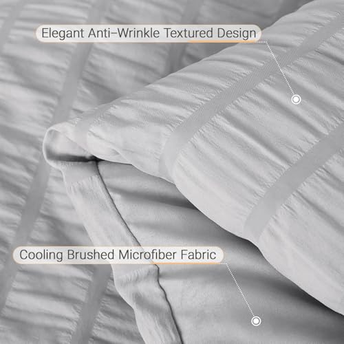 Image of MUXHOMO 7 Pieces King Comforter Set, Seersucker Bed in a Bag King Size, All Season Luxury Bedding Set with Comforter, Flat Sheet, Fitted Sheet, Pillowcases & Shams, Light Grey