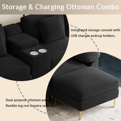 Image of OUYESSIR U-Shaped Sectional Sofa Couch, 4 Seat Sofa Set for Living Room, Convertible U-Shaped Velvet Couch Set with USB Port Central Console Ottoman,128 inches (Black)