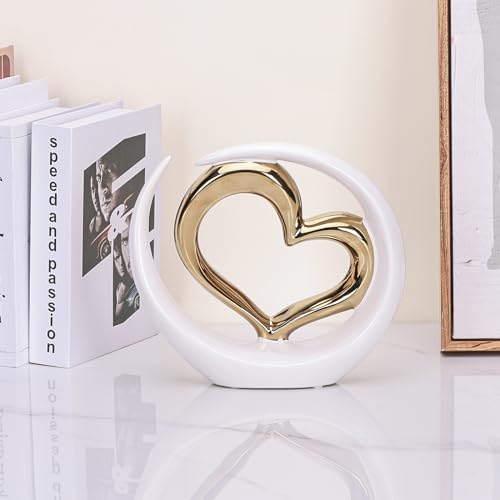 Estatua decorativa corazón de porcelana blanco y dorado miniatura 7