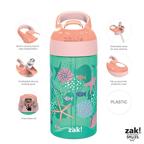 Image of Zak Designs 16oz Riverside Kids Water Bottle with Spout Cover and Built-in Carrying Loop, Made of Durable Plastic, Leak-Proof Water Bottle Design for Travel (Unicorn & Shells, Pack of 2)