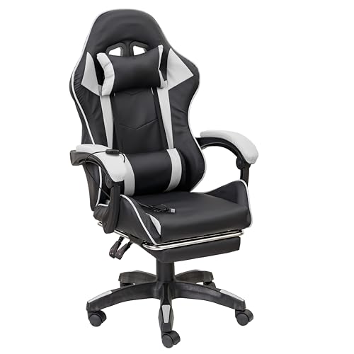 Baroni Home Sedia Gaming Ergonomica con Massaggiatore Lombare, Altezza Regolabile e Schienale Inclinabile, Sedia Ufficio con Comodo Poggiatesta e Poggiapiedi, in Soft Foam, Bianco, 58x66x114-124 cm