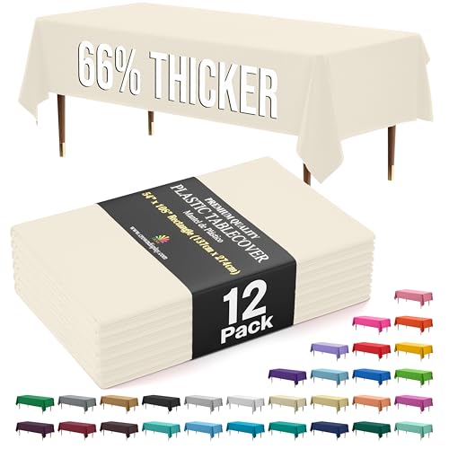 Party Solids 66% Thicker Premium Plastic Table Cloth Rectangle Table Cover 0.5 Mil 12 Pack Ivory Table Cloth 54 Inch x 108 Inch Disposable Tablecloth Won't Tear Easily Like Cheap Thin Brands