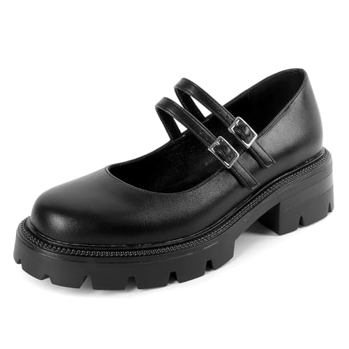 Soireelady Womens Chunky Mary Janes Platform Low Heel Pumps Round Toe Ankle Strap Oxford Uniform Dress Shoes 2 Inch