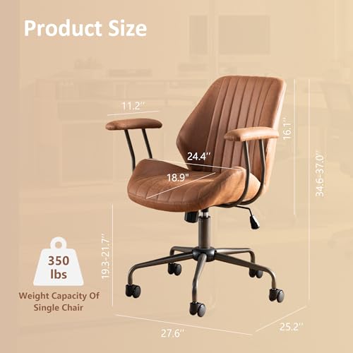 Image of Mid Back Home Office Chair, Mid Century Modern Executive Chair, Comfy Ergonomic Rolling Office Desk Chair with Lumbar Support, Brown Faux Leather Office Chair, Brown