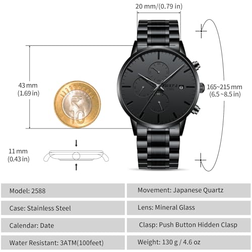 Image of NIBOSI Men's Watches Analog Minimalist Black Dial Watch for Man Business Chronograph Casual Watches Stainless Steel Strap Date