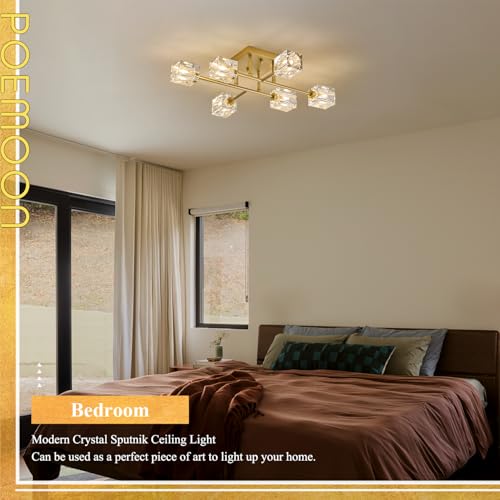 Image of 24 inch Gold 6-Light Luxury Semi Flush Mount Ceiling Light Modern K9 Crystal Kitchen Island Sputnik Chandelier for Dining Room Entryway Bedroom Living Room