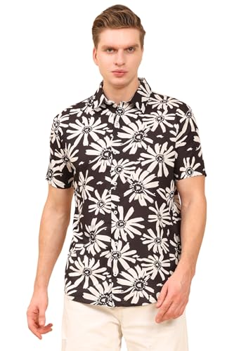 Image of Mens Printed Casual Shirts Short Sleeves Button Down Tropical Shirts (MS1 Black White S)