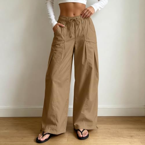 Rtdyvyuhb Women's Travel Pants with Pockets Wide Leg Drawstring Gym Baggy High Waisted Casual Elastic Waistband Sweatpants Khaki Large - image 2