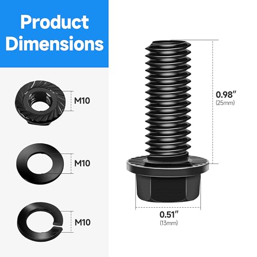 Image of (10Sets) M10 Bolt x 25mm Flanged Hex Head Bolts, External Flange Hex Drive M8 Screws, Class 10.9 Black Zinc Plated Alloy Steel Metric M10x1.5 Bolts Kit