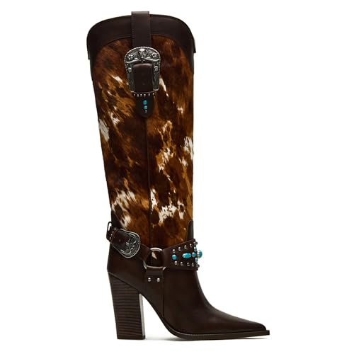 Western Cowboy boots for Women Pointed Toe Cowgirl Knee High Boots Pull on Retro Chunky Heels Country Concerts Shoes