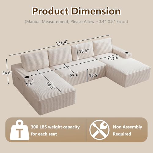 Image of 133 inch U-Shape Cloud Couch, Modern Modular Sectional U-Shape Sofa, Corduroy Boneless Couch Upholstered Couches Deep Seat Sleeper Chaise Longue for Living Room, No Assembly Required,White