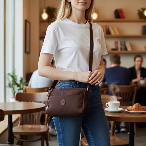 Image of Women's Crossbody Sling Bag, Water-Resistant Nylon Shoulder Handbag with Multiple Zipper Compartments, Lightweight Travel Purse, Shopping, Adjustable Strap Messenger Bag