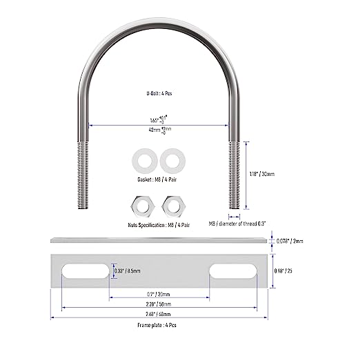 Image of 2 Sets 304 Stainless Steel Round Bend U-Bolts 1.65 inch(42mm) Inner Width 2.72 inch(69mm) Length M8 with Nuts, Frame Plate, Washers, Accessories for Boat Trailer Axle Sailboat Trailer