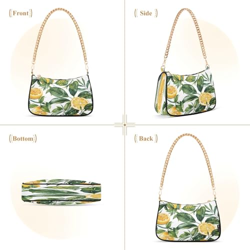 Image of Shoulder Bags for Women Vintage Yellow Lemon Fruit and Blue Print Hobo Tote Handbag Small Clutch Purse with Zipper Closure