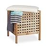 Relaxdays Walnoot opbergstoel met hamer, 52 x 49 x 49 cm, badkamer Ottomaanse met kussen en 52 l mand voetenbank…