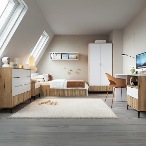 Lomadox Jugendzimmer Komplett Set 6-teilig mit Schreibtisch, Kleiderschrank, Nachttisch, Kommode, Wandregal und Bett 120x200 cm in Eiche mit weiß