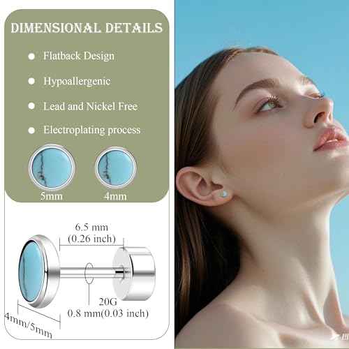 ZDE Titanium Flatback Earrings for Women Turquoise/Black Oxy/Malachite Stud Earrings Flat Back Ladies Earstuds Hypoallergenic Cartilage Flatback Earring 4MM/5MM2
