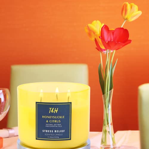 Large 3 Wick Scented Candle - Honeysuckle Citrus Stress Relief Aromatherapy Candle With Grapefruit, Mint & Rose - 15.8 Oz Natural Soy Candles For Men And Women - Scented Spring Candles For Home #TOP7