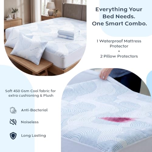 Image of AYKA Combo Pack Waterproof Mattress Protector & 2 Pillow Protectors | King Size 78x72 Inch | 100% Waterproof Cooling Bed Protector | Breathable, Noiseless Mattress & Pillow Covers | 6.5 x 6 ft | White