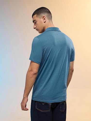 Image of TECHNOSPORT Men's Solid Slim Fit Polo Collar T-Shirt COTFLEX Half Sleeve Button Polyester for Gym Running Workout UPF50+ Anti Odour