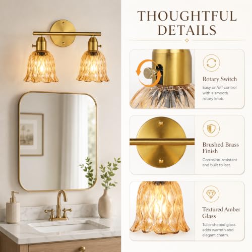Image of 14.17 inch 2-Light Bathroom Light Fixtures, Gold Vintage Vanity Lights with Clear Amber Glass Shades, Bathroom Wall Lamp for Mirror Living Room Cabinet Bedroom Porch