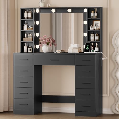 Image of Wodeer Makeup Vanity with Drawers, 43 inch Black Vanity Desk with Mirror and Lights, 11 Drawers & 4 Shelves, Power Outlet & Adjustable LED Lights, Dressing Table for Women & Girls Bedroom