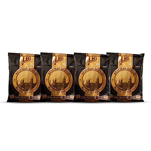 Image of LEO COFFEE Madras Blend Coffee, Roast Ground Filter Coffee Powder, 500G (Pack Of 4), Glass bottle