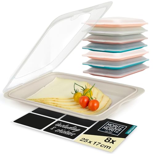 Moritz & Moritz 8X Cold Meat Containers for Fridge - Stackable - Colourful - Airtight Cold Cuts Storage Containers with Lids for Storing Cold Meats, Cheese etc. - with Stickers for Labelling