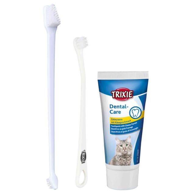 TRIXIE Zahnpflege-Set für Katzen | Doppelpack | 2 x 50 g | Zur Zahnpflege bei Katzen | Beinhaltet Zahncreme mit Käsearoma und Zwei Zahnbürsten mit DREI verschiedenen Köpfen