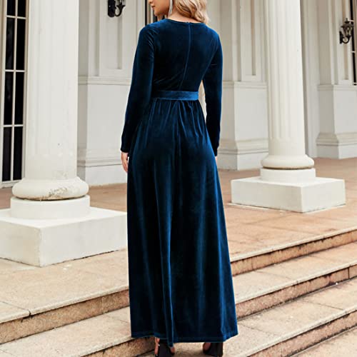 Women's Elegant Velvet Belted Pleated Long Sleeve Cocktail Party Formal Wedding Guest A-Line Maxi Long Dress3