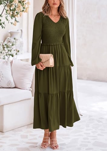 Image of PRETTYGARDEN Fall Dresses for Women 2025 Casual Long Sleeve V Neck Smocked A Line Long Flowy Wedding Guest Dress