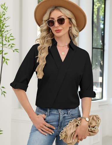 Image of LOMON 3 /4 Length Sleeve Womens Tops Dressy V Neck Collared Shirts Trendy Business Casual Work Blouses Vacation Outfits 2026