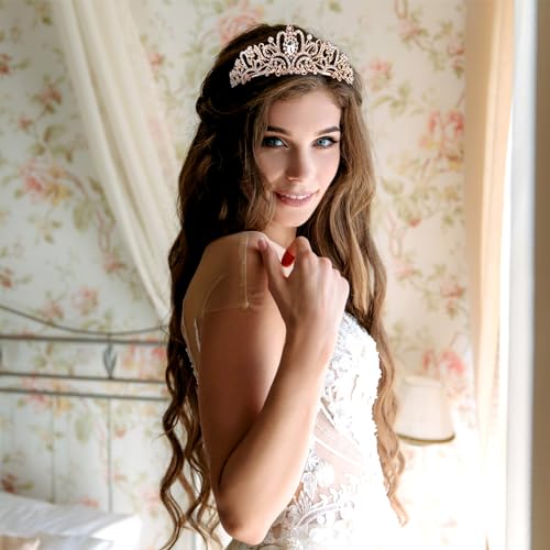 Image of Fesciory Birthday Crown for Women, Gold Plated Crystal Tiara with Sash